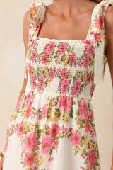 Flower Girl Energy Pink Multi Floral Smocked Tie Strap Midi Dress