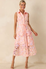 Blush Garden Pink Multi Floral Lace Midi Dress