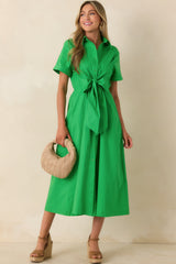 Good To See You Green Cotton Bow Midi Shirt Dress