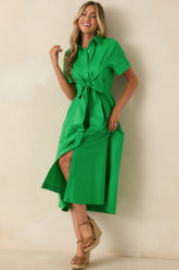 Good To See You Green Cotton Bow Midi Shirt Dress