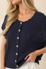 Open to It Navy Knit Cotton Short Sleeve Cardigan