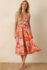 Paradisa Fernandina Orange Multi Cotton Tropical Print Midi Dress