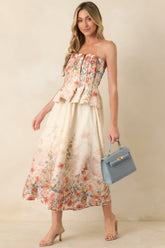 Gathered in Grace Pink Multi Floral Cotton Strapless Midi Dress