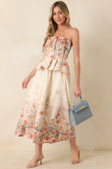 Gathered in Grace Pink Multi Floral Cotton Strapless Midi Dress