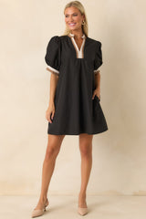 Chose The Day Black Cotton Contrast Trim Puff Sleeve Mini Dress