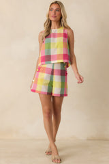 Prosperina Sylvie Pink Multi Plaid Cotton Button Detail Shorts