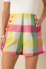 Prosperina Sylvie Pink Multi Plaid Cotton Button Detail Shorts