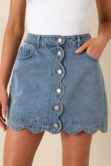 Bend the Rules Medium Wash Cotton Denim Scalloped Mini Skirt