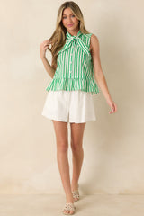 Tied Up Cute Green & White Cotton Stripe Button Front Top