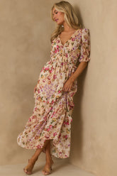 Midnight Train Beige Floral Midi Dress