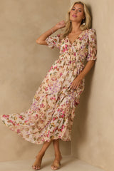 Midnight Train Beige Floral Midi Dress