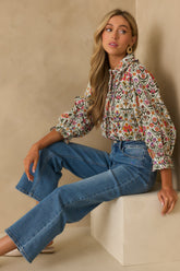 Seems Like It Red Multi Print Cotton Button Front Top