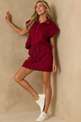 Best One Yet Burgundy Cotton Scallop Hem Short Sleeve Pullover