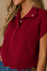 Best One Yet Burgundy Cotton Scallop Hem Short Sleeve Pullover