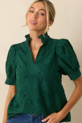 On The Record Hunter Green Floral Embroidered Eyelet Cotton Top