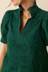 On The Record Hunter Green Floral Embroidered Eyelet Cotton Top