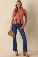 Keeping A Promise Rose Pink Knit Button Up Peplum Top