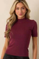 Without Thinking Wine Ribbed Mock Neck Short Sleeve Top