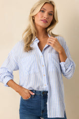 Coastline Cruise Light Blue Stripe Button Front Top