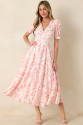 Dapper Darling Coral Pink Floral Linen Blend Draped Maxi Dress