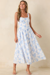 Kiss at the Fair Ivory & Blue Floral Eyelet Peasant-Style Cotton Midi Dress
