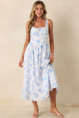 Kiss at the Fair Ivory & Blue Floral Eyelet Peasant-Style Cotton Midi Dress
