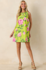 Petals on Display Chartreuse & Pink Cotton Floral Eyelet Mini Dress