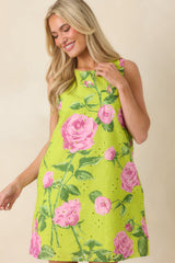 Petals on Display Chartreuse & Pink Cotton Floral Eyelet Mini Dress