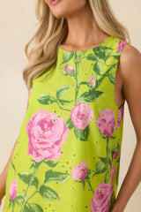 Petals on Display Chartreuse & Pink Cotton Floral Eyelet Mini Dress
