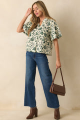 A Sweet Surprise Green Floral Print Cotton Puff Sleeve Top