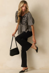 All That I Know Black Gingham Floral Print Puff Sleeve Peplum Top