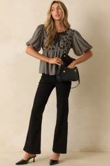 All That I Know Black Gingham Floral Print Puff Sleeve Peplum Top