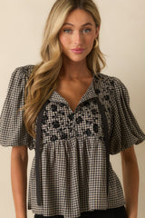 All That I Know Black Gingham Floral Print Puff Sleeve Peplum Top