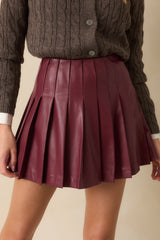 Comes Down To This Wine Red Faux Leather Pleated Mini Skirt