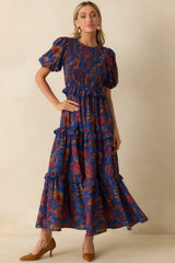 In The Meantime Navy Multi Floral Print Puff Sleeve Maxi Dress