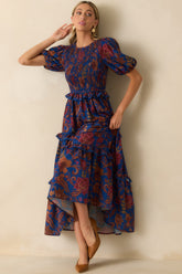 In The Meantime Navy Multi Floral Print Puff Sleeve Maxi Dress