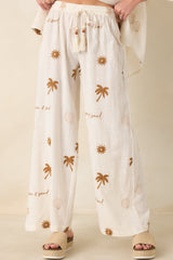 Driftwood Days Light Beige Cotton Coastal Embroidered Wide Leg Pants