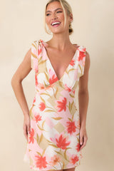 Simply Adored Pink Multi Floral Shoulder Tie Mini Dress