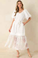 Je T'aime Toujours White Cotton & Gathered Lace Maxi Dress