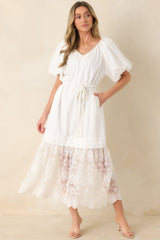 Je T'aime Toujours White Cotton & Gathered Lace Maxi Dress