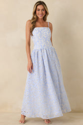 The Space Between Blue Stripe Embroidered Eyelet Maxi Dress