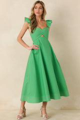 The Turning Point Green Cotton Cut Out Detail Flutter Sleeve Midi Dress