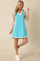 Well Defined Aqua Blue Jersey Knit Contrast Trim Sleeveless Mini Dress