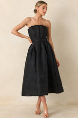 The Genevieve Black Jacquard Strapless Midi Dress