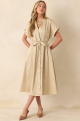 Late Nights Beige Cotton Button Front Midi Dress