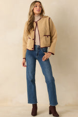 Bound to Be Cozy Beige & Burgundy Contrast Stitch Sherpa Jacket