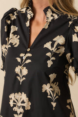 For Another Day Black Floral Print Cotton Puff Sleeve Mini Dress
