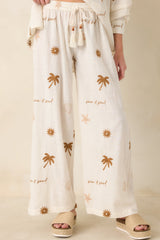 Driftwood Days Light Beige Cotton Coastal Embroidered Wide Leg Pants