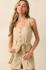Out And About Beige Button Front Linen Blend Romper