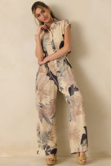 Take Me Somewhere Beige Multi Tropical Open Back Jumpsuit